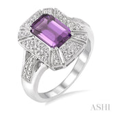 8x6 MM Emerald Shape Amethyst and 1/50 Ctw Round Cut Diamond Ring in Sterling Silver