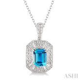8x6 MM Emerald Shape Blue Topaz and 1/50 Ctw Round Cut Diamond Pendant in Sterling Silver with Chain