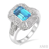 8x6 MM Emerald Shape Blue Topaz and 1/50 Ctw Round Cut Diamond Ring in Sterling Silver