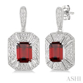 7x5 MM Emerald Shape Garnet and 1/20 Ctw Round Cut Diamond Earrings in Sterling Silver
