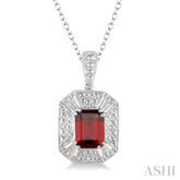 8x6 MM Emerald Shape Garnet and 1/50 Ctw Round Cut Diamond Pendant in Sterling Silver with Chain