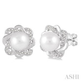 6x6 MM Round Shape Cultured Pearls and 1/10 Ctw Round Cut Diamond Earrings in Sterling Silver