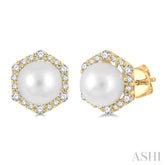 7 MM Cultured Pearls and 1/3 Ctw Hexagon Shape Round Cut Diamond Earrings in 14K Yellow Gold