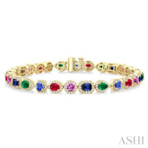4X3 MM & 4 MM Mixed Shape Gemstone and 1 1/3 Ctw Round Cut Halo Diamond Bracelet in 14K Yellow Gold