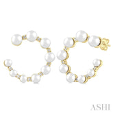 2.8 - 4.5 MM Round Shape Cultured Pearls and 1/5 Ctw Graduated Round Cut Diamond Half Hoop Earring in 14K Yellow Gold