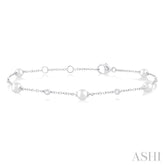 4 MM Round Shape Cultured Pearl and 1/20 Ctw Round Cut Diamond Fashion Station Bracelet in 14K White Gold