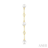 4 MM Round Shape Cultured Pearl and 1/20 Ctw Round Cut Diamond Station Long Earring in 14K Yellow Gold