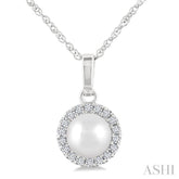 5 MM Cultured White Pearl and 1/20 Ctw Round Cut Diamond Halo Pendant With Chain in 14K White Gold