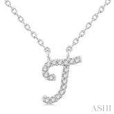 1/20 Ctw Initial 'T' Round cut Diamond Pendant With Chain in 14K White Gold