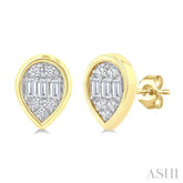 1/5 Ctw Petite Bezel Set Pear Shape Fusion Baguette and Round Cut Diamond Fashion Stud Earring in 10K Yellow Gold