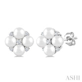 3 MM Floral Round Shape Cultured Pearl and 1/20 Ctw Round Cut Diamond Fashion Stud Earring in 10K White Gold