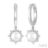 5.5 MM Round shape Cultured Pearls and 1/5 Ctw Round Cut Diamond Petite Fashion Huggies in 10K White Gold