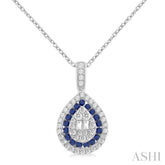 1.25 MM & 1.45 MM Pear Shape Sapphire and 1/4 Ctw Baguette and Round Cut Diamond Precious Pendant With Chain in 14K White Gold