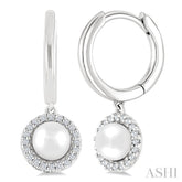 5.5 MM Round Shape Cultured Pearl and 1/8 Ctw Petite Round Cut Diamond Halo Fashion Huggies in 10K White Gold
