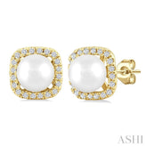 5 MM Cushion-Shaped Cultured Pearl and 1/8 Ctw Petite Round Cut Diamond Halo Stud Earring in 10K Yellow Gold