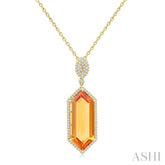 26X10 MM Evoque Gemstone Hexagon Shape Citrine and 1/2 Ctw Round Cut Diamond Halo Semi-Precious Pendant With Chain in 14K Yellow Gold