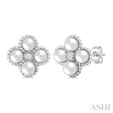 3 MM Clover Cultured Pearl and 1/50 Ctw Round Cut Diamond Fashion Earrings in 10K White Gold