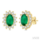 5x3 MM Oval Cut Center Emerald and 1/5 Ctw Round Cut Diamond Sunflower Precious Earrings in 10K Yellow Gold