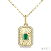 4X3 MM Octagon Shape Emerald and 1/8 Ctw Round Cut Diamond Pirouette Precious Fluted Medallion Pendant in 10K Yellow Gold with Chain