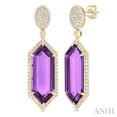 22x8 MM Hexagon Shape Amethyst and 7/8 Ctw Round Cut Diamond Halo Semi-Precious Earrings in 14K Yellow Gold
