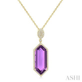26X10 MM Evoque Gemstones Hexagon Shape Amethyst and 1/2 Ctw Round Cut Diamond Halo Semi-Precious Pendant With Chain in 14K Yellow Gold