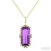 22X10 MM Evoque Gemstones Emerald Cut Amethyst and .80MM Sapphire & 1/5 Ctw Round Cut Diamond Halo Semi-Precious Pendant With Chain in 14K Yellow Gold