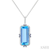 22X10 MM Evoque Gemstones Emerald Shape Blue Topaz and .80 MM Sapphire & 1/5 Ctw Round Diamond Halo Semi-Precious Pendant With Chain in 14K White Gold