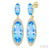 18x8 MM & 10x5 MM Oval Cut Blue Topaz and 3/4 Ctw Round Cut Diamond Halo Semi-Precious Earrings in 14K Yellow Gold