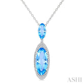 18X8 MM Evoque Gemstones & 10x5 MM Oval Shape Blue Topaz and 1/3 Ctw Round Cut Diamond Halo Semi-Precious Pendant With Chain in 14K White Gold