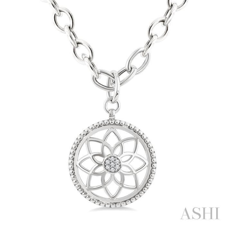 1/20 Ctw Circle medallion Single Cut Diamond Pendant With Chain in Sterling Silver