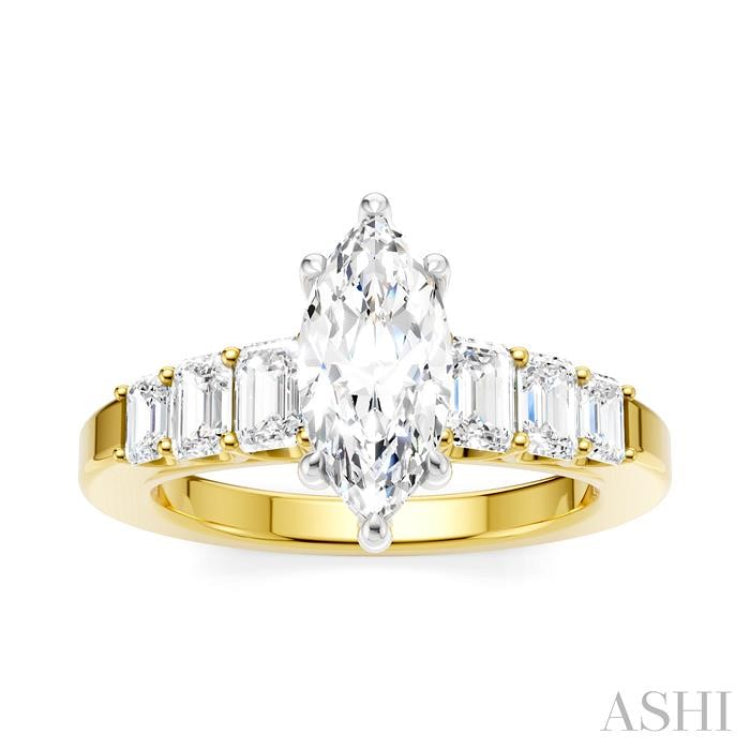 1 Ctw Marquise Shape Emerald and Round Cut Diamond Semi-Mount Engagement Ring in 14K Yellow and White Gold