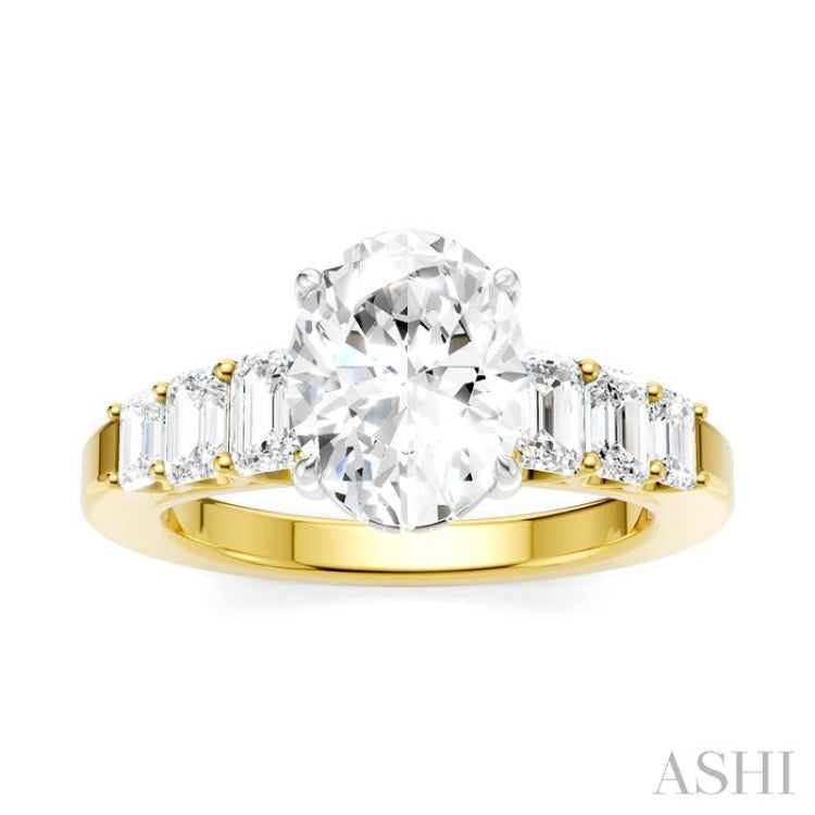 1 Ctw Oval Shape Emerald and Round Cut Diamond Semi-Mount Engagement Ring in 14K Yellow and White Gold