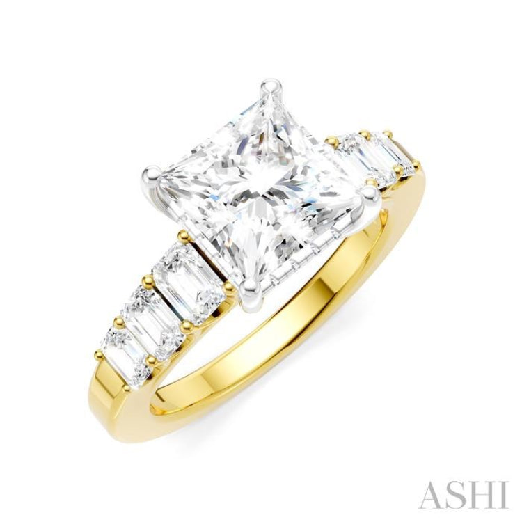 1 Ctw Princess Shape Emerald and Round Cut Diamond Semi-Mount Engagement Ring in 14K Yellow and White Gold