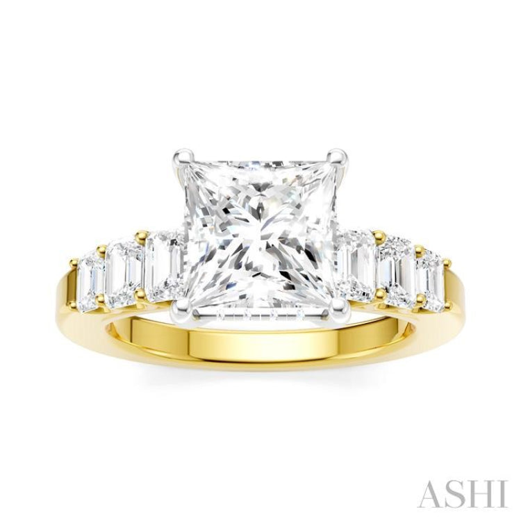 1 Ctw Princess Shape Emerald and Round Cut Diamond Semi-Mount Engagement Ring in 14K Yellow and White Gold