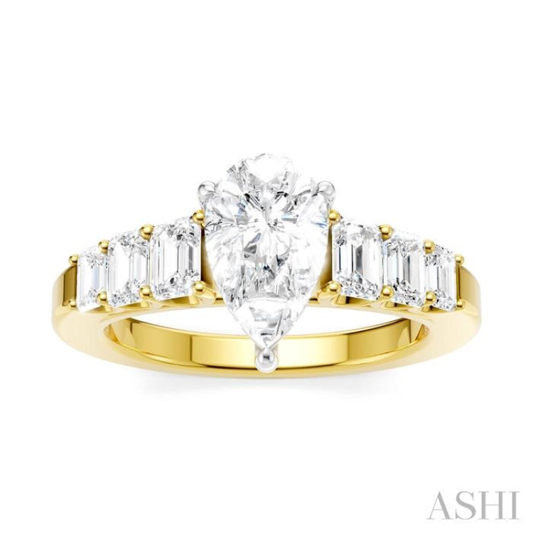 1 Ctw Pear Shape Emerald and Round Cut Diamond Semi-Mount Engagement Ring in 14K Yellow and White Gold