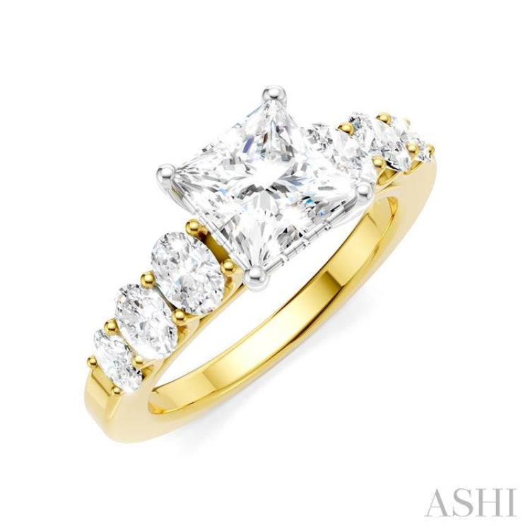 1 Ctw Princess Shape Oval and Round Cut Diamond Semi-Mount Engagement Ring in 14K Yellow and White Gold