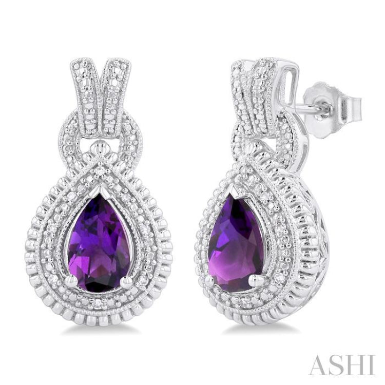 8X5 MM Pear Cut Amethyst and 1/20 Ctw Round Cut Diamond Semi-Precious Earring in Sterling Silver