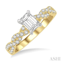7/8 Ctw Twisted Shank Round Cut Diamond Engagement Ring With 1/2 Ct Emerald Cut Center Stone in 14K Yellow and White Gold