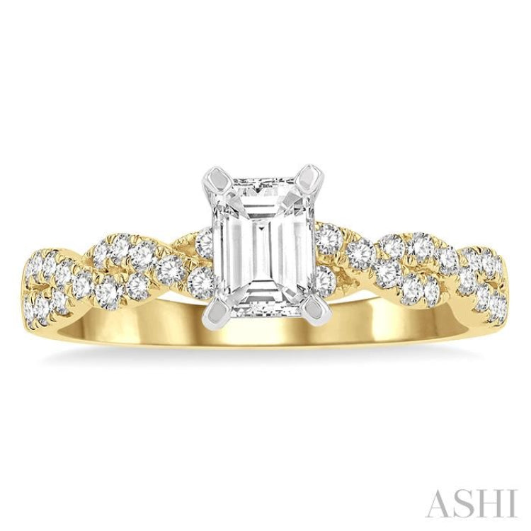 7/8 Ctw Twisted Shank Round Cut Diamond Engagement Ring With 1/2 Ct Emerald Cut Center Stone in 14K Yellow and White Gold