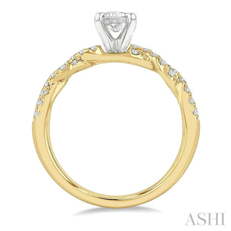 7/8 Ctw Twisted Shank Round Cut Diamond Engagement Ring With 1/2 Ct Emerald Cut Center Stone in 14K Yellow and White Gold