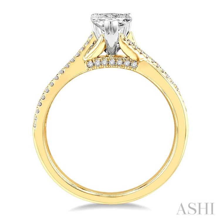 1/6 Ctw Split Crossover Pear Shape Round Cut Diamond Semi-Mount Engagement Ring in 14K Yellow and White Gold