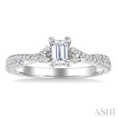 1/2 Ctw Criss Cross Shank Round Cut Diamond Engagement Ring With 1/3 Ct Emerald Cut Diamond Center Stone in 14K White Gold
