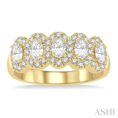 1 Ctw Oval Shape 5 Stone Oval & Round Cut Diamond Halo Wedding Band in 14K Yellow Gold