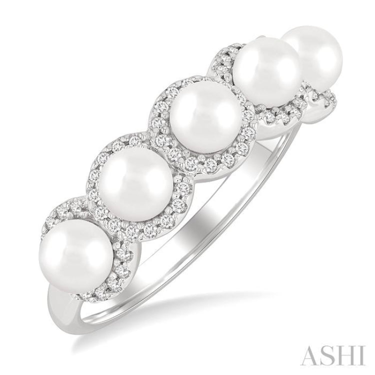 4 MM Round Shape Cultured Pearl and 1/5 Ctw Round Cut Diamond Halo Ring in 14K White Gold