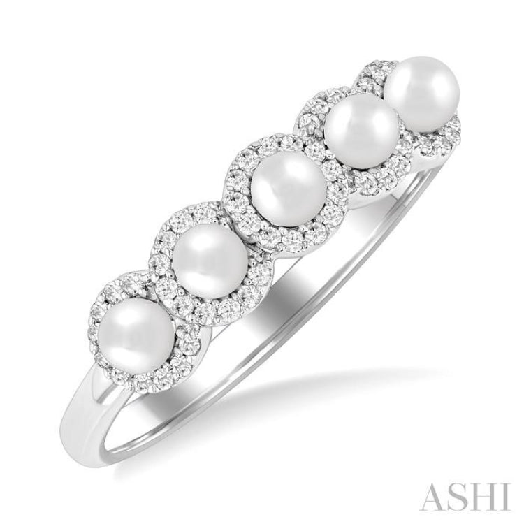 3 MM White Pearl and 1/6 Ctw Round Cut Diamond Halo Ring in 14K White Gold