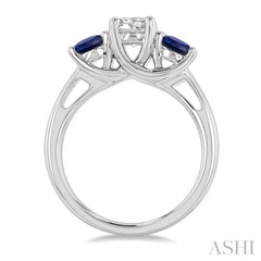 4.65 MM Round Shape Sapphire and 3/4 Ctw Past Present and Future Round Cut Diamond Precious Ring in 14K White Gold