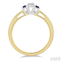 2.15 MM Round Shape Sapphire and 1/6 Ctw Past Present and Future Round Cut Diamond Precious Ring in 14K Yellow and White Gold