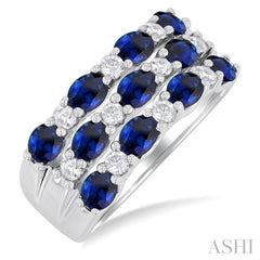 4X3 MM Oval Cut Sapphire and 3/8 Ctw East-West Round Cut Diamond Wide Precious Band in 14K White Gold