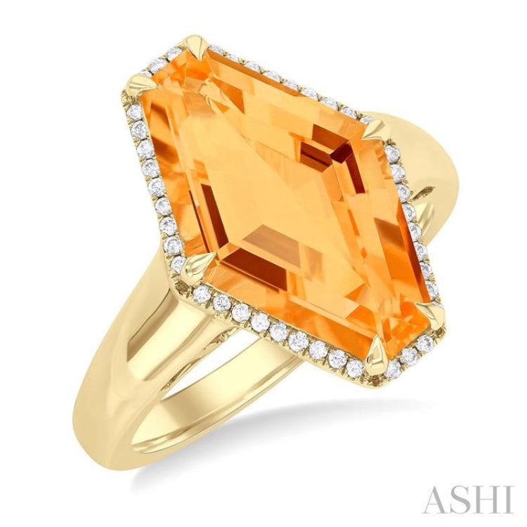 16x10 MM Hexagon Shape Citrine and 1/10 Ctw Round Cut Diamond Halo Semi-Precious Ring in 14K Yellow Gold