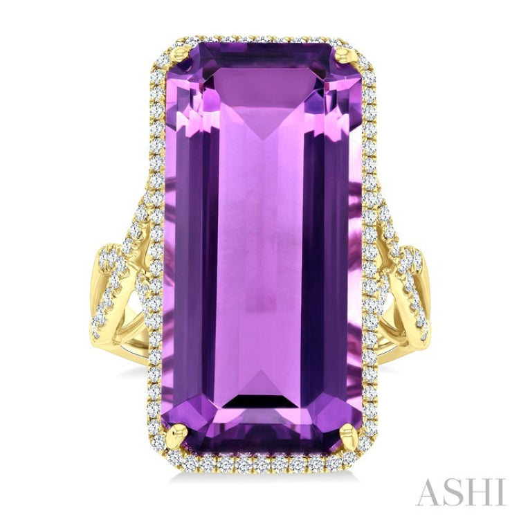 26X12 MM Evoque Gemstones Emerald Shape Amethyst and 1/2 Ctw Round Cut Diamond Halo Semi-Precious Ring in 14K Yellow Gold